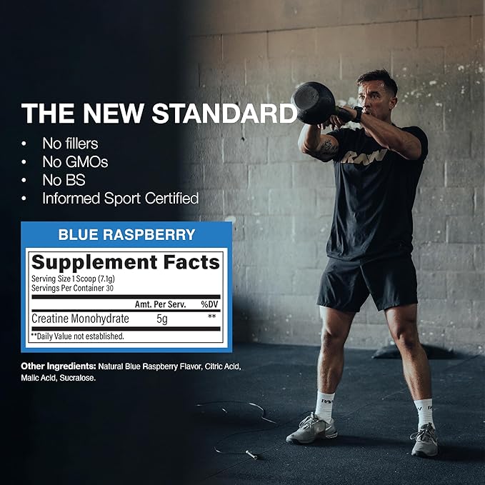 RAW Nutrition Creatine Monohydrate Powder Blue Raspberry (30 Servings) - Micronized Creatine Monohydrate Supplement for Workout Performance Build Muscle &amp Strength - Creatine Powder for Men &amp
