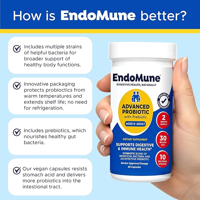 Endomune Advanced Adult Multi-Strain Probiotic Supplement with Prebiotic - 10 Strains 30 Billion CFU - Physician Formulated (60-Count)