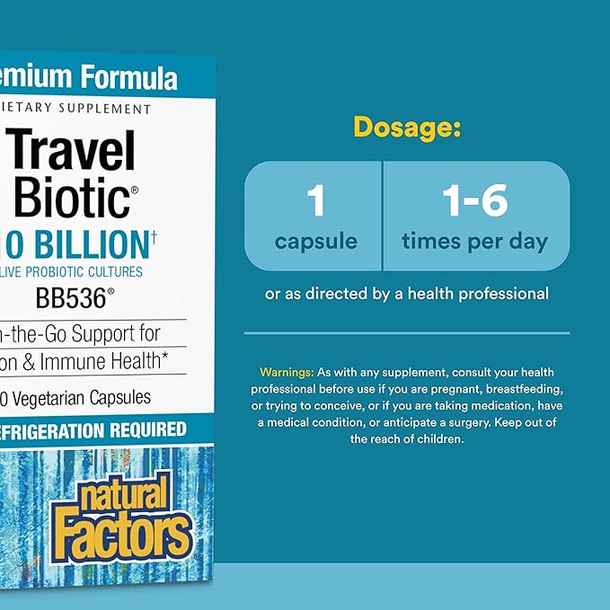 Natural Factors TravelBiotic Supports Colon and Immune Health Shelf Stable Probiotic Supplement 10 Billion CFU Vegan 60 Capsules (60 servings)