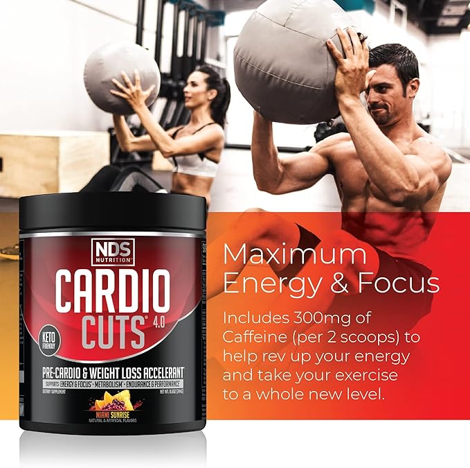 Cardio Cuts NDS Nutrition 4.0 Pre Workout Supplement - Advanced Weight Loss and Pre Cardio Formula with L-Carnitine CLA MCTs L-Glutamine and Safflower Oil - Miami Sunrise (40 Servings)