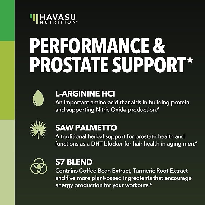 L-Arginine 500mg and Saw Palmetto 500mg - Nitric Oxide and Prostate Health Supplements for Men - 60 Count - Endurance and Urinary Tract Function Support - 1 Month Supply - Vegan Non-GMO Capsules