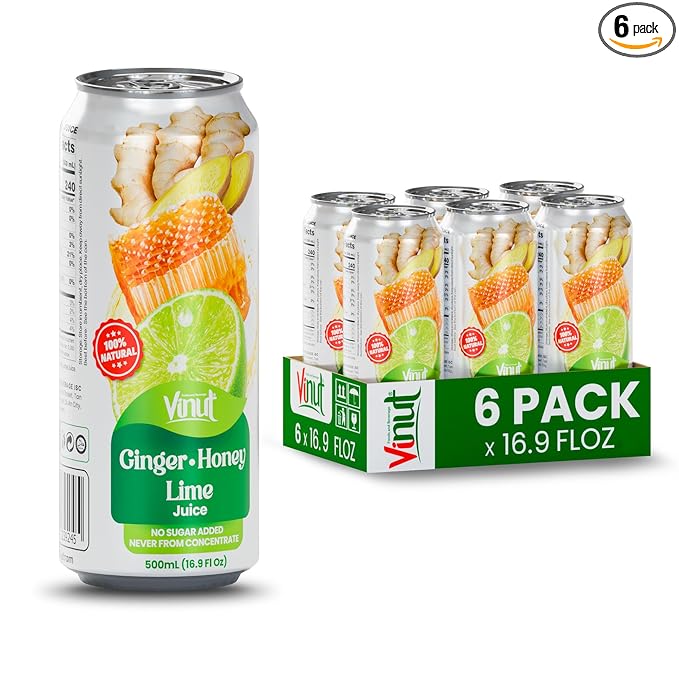 VINUT Ginger Honey &amp Lime Juice 85% Juice No Added Sugar Not From Concentrate 16.9 fl oz (500 mL) Can Pack of 6