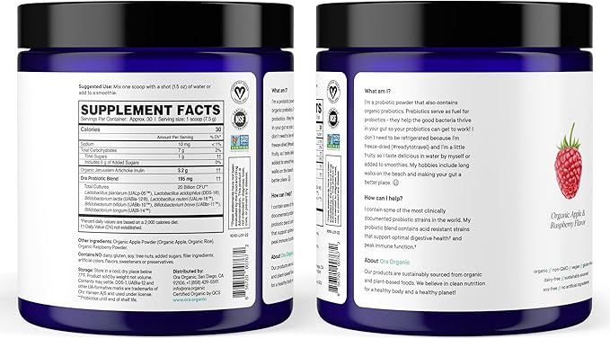 Ora Organic Prebiotic and Probiotic Powder Supplement - 20 Billion Probiotics 7 Strains for Best Prebiotic Powder Non-GMO Probiotics for Women Men &amp Kids - Apple Raspberry Flavor 30 Servings…