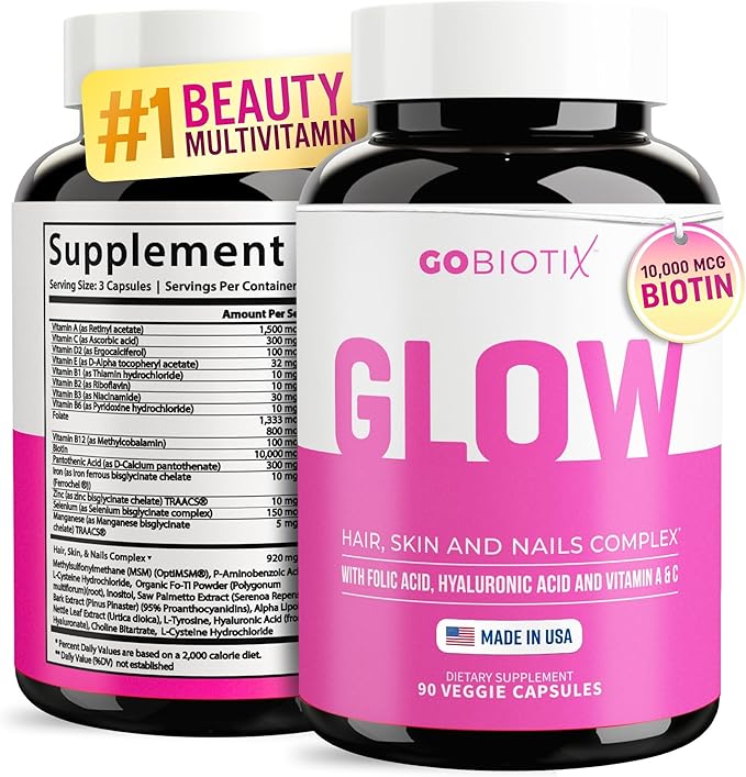 GOBIOTIX Hair Skin and Nails Multivitamin for Women - 10000mcg Biotin Hyaluronic Acid &amp MSM - 28 Vitamins with Folate &amp Iron - Hair Growth Nail Growth - 90 Capsules