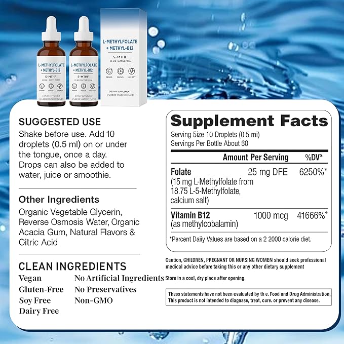 L-Methylfolate 15mg L-Methylfolate + Methyl-B12 Improved Focus and Attention Balanced Mood &amp Overall Wellness Organic Berry Flavor Liquid Sublingual Form 1fl oz
