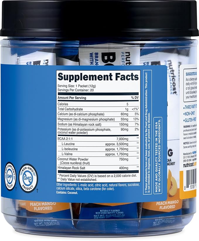 Nutricost BCAA+ Hydration Peach Mango Flavor (20 Stickpacks) - Branched Chain Amino Acids with Hydration Complex - Gluten-Free Non-GMO