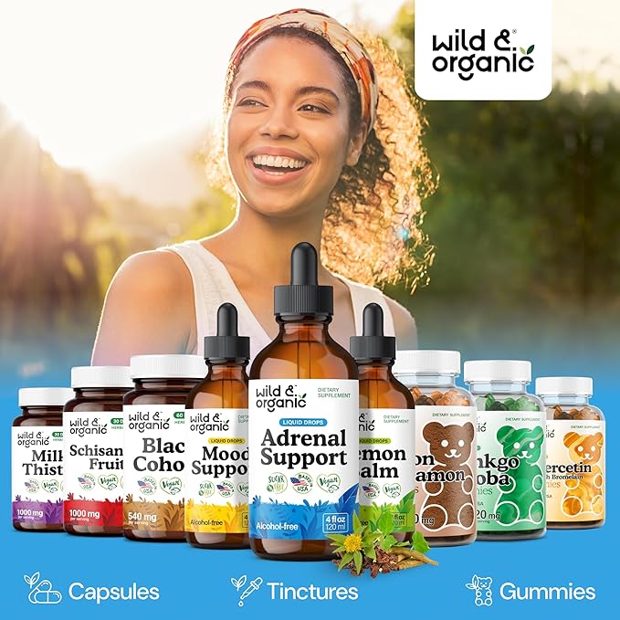 Wild &amp Organic Adrenal Support Supplements - Mood &amp Energy Support - Ashwagandha &amp Rhodiola Rosea Extract Complex for Women &amp Men - Add to Tea Liquid Drops - Vegan No Sugar &amp Alco