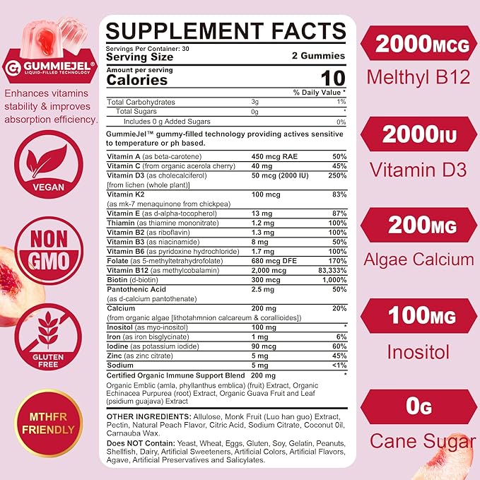 (2 Pack) Sugar Free Methylated Multivitamin for Women Gummies with Calcium D3 K2 Inositol Folate Biotin Iron Vitamin A C E B Complex - Multi Vitamins &amp Minerals - Energy Immune Bone - V