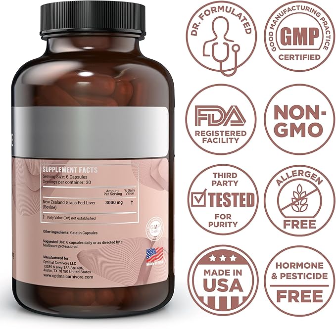 Optimal Carnivore Grass Fed Beef Liver Capsules Freeze Dried in Convenient Pills 180 Capsules Desiccated Supplement