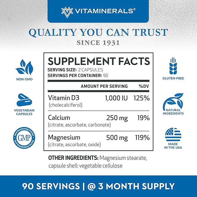 Vitaminerals 10 Magnese® Magnesium Calcium &amp Vitamin D3 Bone &amp Muscle Support 180 Veggie caps