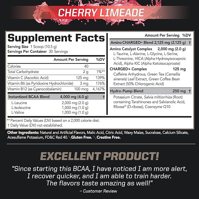 PMD Sports BCAA Charged Delicious Amino Acid Drink Mix for Performance Recovery Endurance and Hydration - Increase Muscle Function for Workout and Daily Energy – Cherry Limeade (30 Servings)