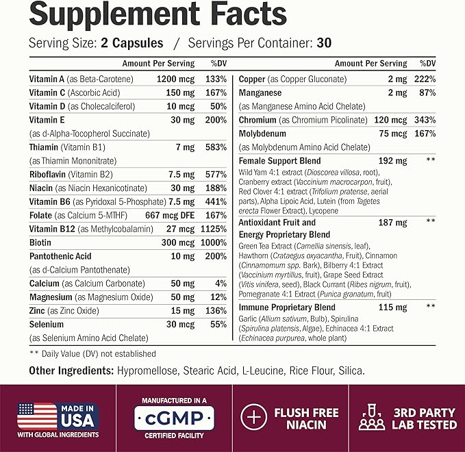 Multivitamin for Women with Methylated Vitamins and Chelated Minerals for Energy Focus and Immune Health – Premium Daily Womens Multivitamins &amp Multiminerals – 60 Capsules
