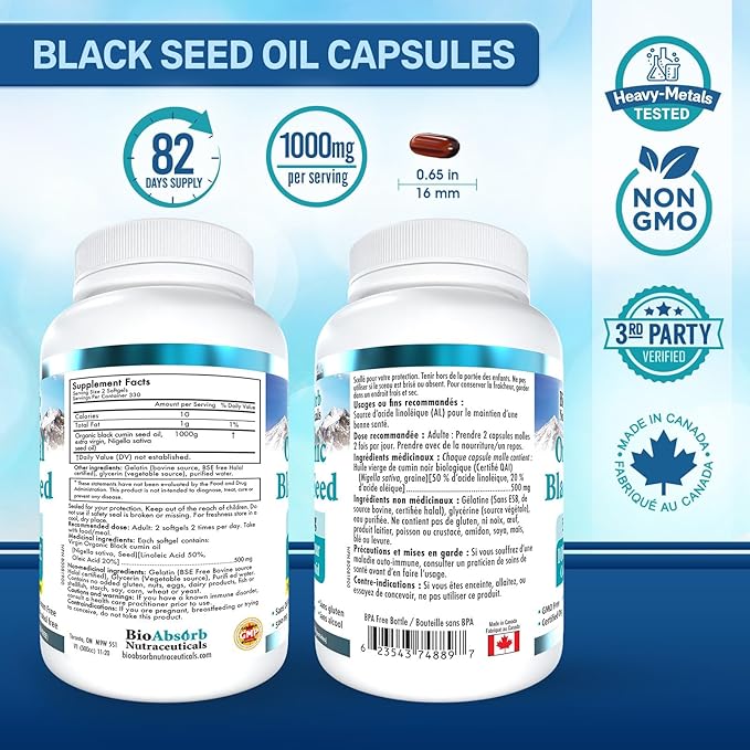 Bio Absorb Black Seed Oil Capsules 82-Day Supply Cold Pressed Pure Black Cumin Seed Oil (Nigella Sativa) (330 softgels 500mg)