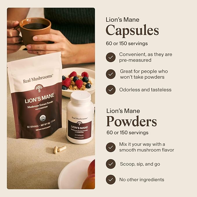 Real Mushrooms Lions Mane Mushroom Supplement - Organic Lions Mane Extract Powder for Overall Wellness with Adaptogens – Functional Vegan Non-GMO Blend with 60 Servings