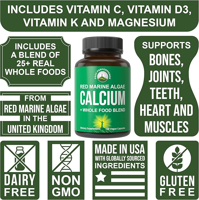 Plant Based Calcium - Red Marine Algae Calcium Supplement with Vitamin C D3 K Magnesium and Whole Food Vegetable Blend. Vegan Capsules for Bones and Joints. 120 Pills Tablets