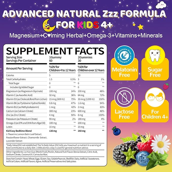 Magnesium Glycinate Gummies for Kids 4+: Sugar Free Chewable Organic Magnesium Gummy with L-Theanine Vitamin B12 B6 D3 Zinc Omega Calcium - Natural Zzz Support Non-GMO Berry Flavor(60Count)