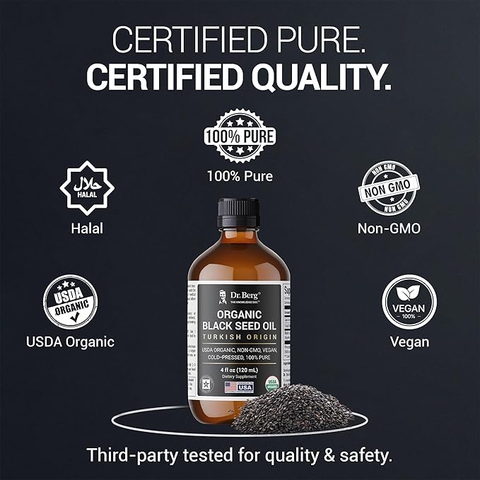 Dr. Berg Black Seed Oil Organic Cold Pressed – Pure Nigella Sativa Black Cumin Oil – USDA Organic Halal Vegan – for Hair Skin Immune Support – Unrefined Liquid – 4 oz Glass Bottle