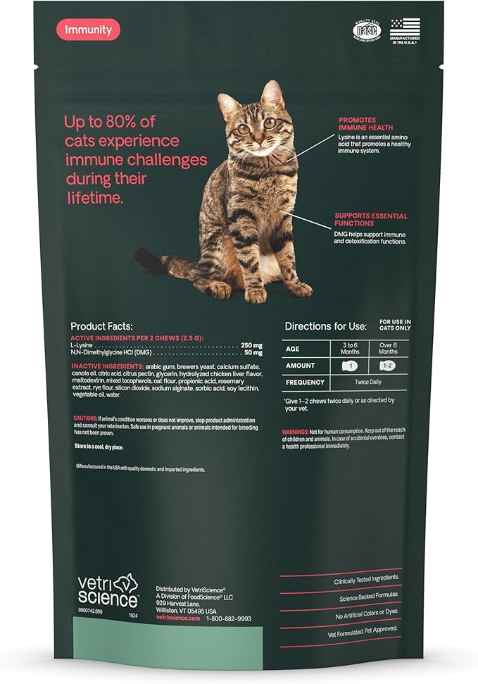 VetriScience Lysine Immunity Health Chews 250 mg Lysine Plus Immune Supplement for Cats and Kittens with Allergies Sneezing Runny Nose and Watery Eyes Chicken90 Count (Pack of 2)