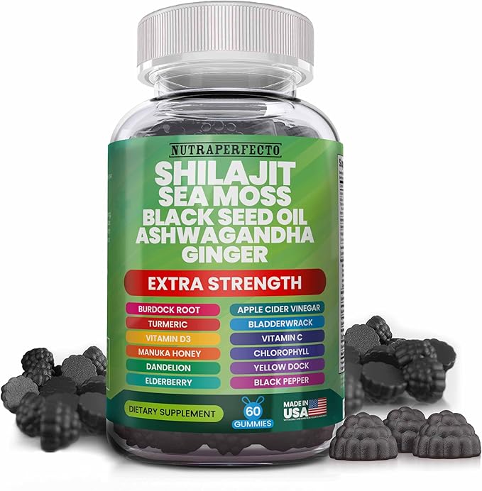 Shilajit Gummies with Irish Sea Moss Black Seed Oil Ashwagandha Ginger Elderberry Vitamin D3 Chlorophyll Turmeric Bladderwrack Advanced Strength Formula Resin Shilajit for Men &amp Women