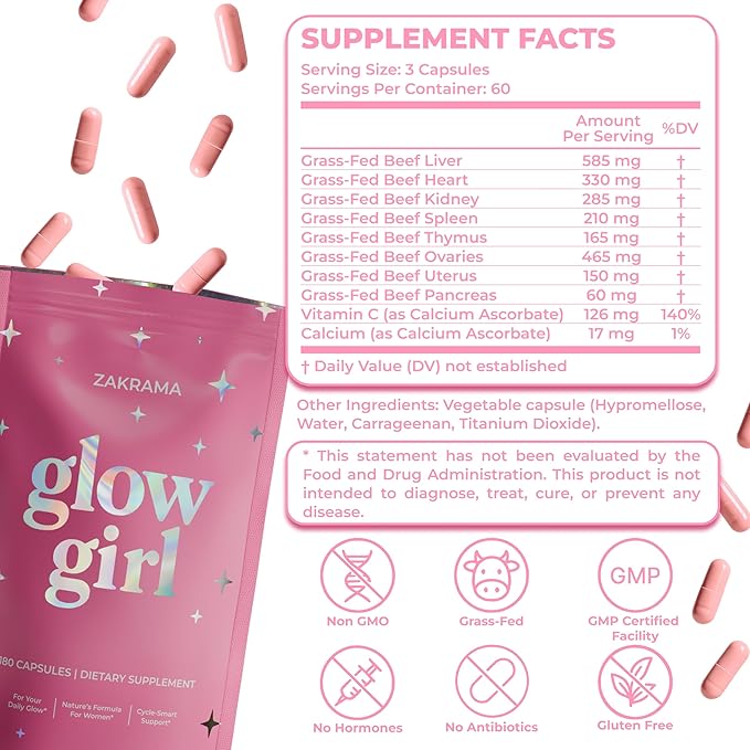 Beef Organ Supplement for Women – Grass-Fed Beef Liver Ovary Uterus &amp Organ Complex for Hormone Balance Energy &amp PMS Support – Pasture-Raised + Vitamin C – 180 Capsules | Glow Girl | Zakram