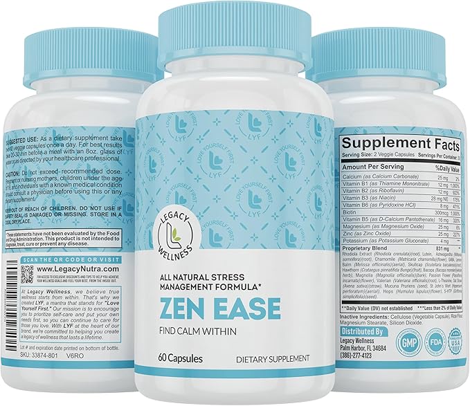 Legacy Wellness ZEN EASE Calm Mind Supplement - Natural Vegan Formula - 5-HTP Ashwagandha St. John's Wort L-Theanine Magnesium B-Vitamins - Capsules To Promote A Good Feeling of Peace