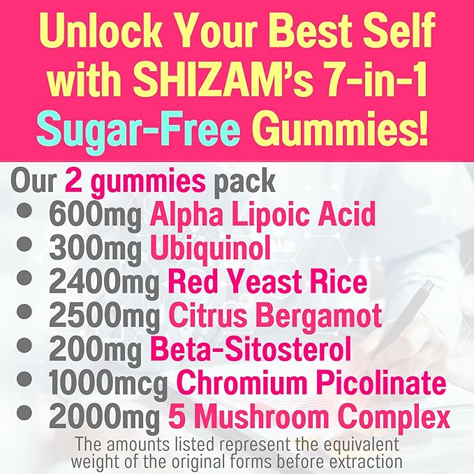 Red Yeast Rice Alpha Lipoic Acid Ubiquinol CoQ10 Citrus Bergamot Beta-Sitosterol Chromium Picolinate Sugar-Less Gummies w Lion's Mane Turkey Tail Reishi Cordyceps Chaga Pills Capsules Supplement Alt