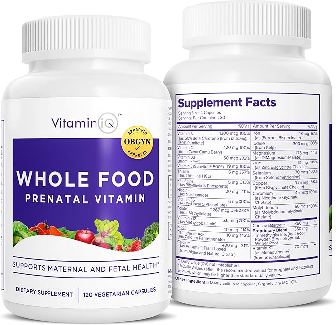Whole Food Prenatal Vitamins (120 Capsules) Natural Support for Maternal and Fetal Health Prenatal Multivitamin for Women with Choline B Vitamins and More Vegan No Soy Gluten or Dairy