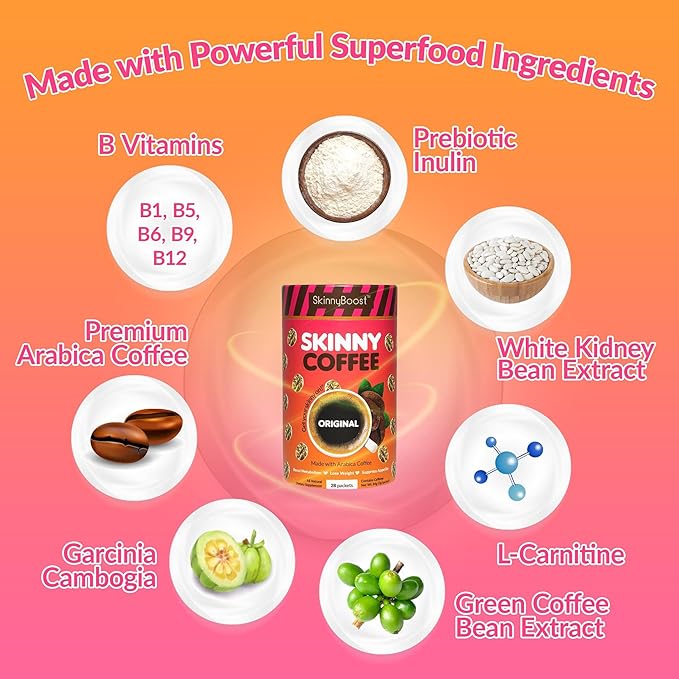 Skinny Boost Instant Skinny Coffee Sticks (Vanilla) - Made with Arabica Coffee Beans Garcinia Cambogia Green Tea Extract B Vitamins Fiber and Prebiotics –Sugar Free-Keto Friendly (28 Packets)