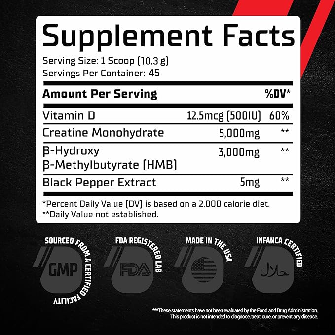 GMU SPORT Creatine HMB Powder – 45 Servings – 5g Creatine Monohydrate + 3g HMB + Piperine – Muscle Growth Strength &amp Recovery – Fruit Punch
