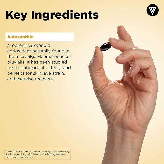 Vital Vitamins Astaxanthin 12mg Softgels - Made with Natural Astaxanthin - Supplement to Promote Skin Hydration Elasticity - Defends Cells Against Daily Damage - Vegan Made in the USA - 60 Soft Gels