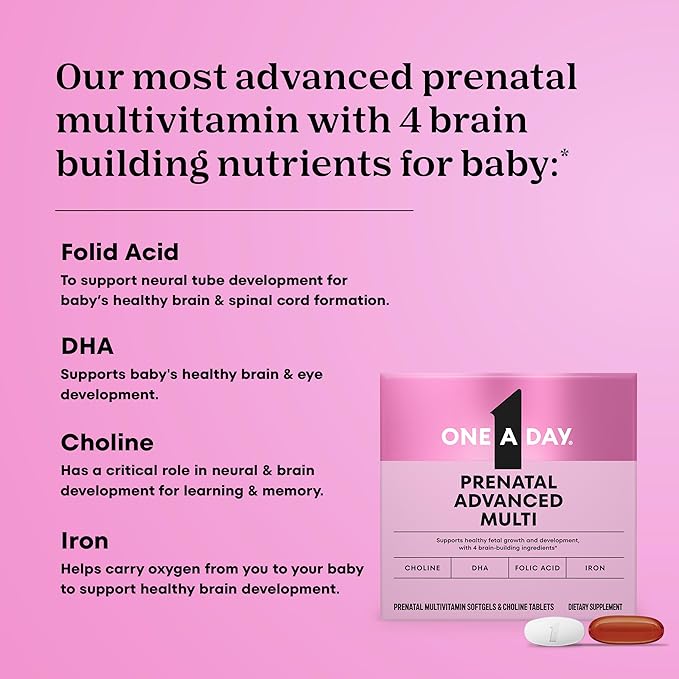 One A Day Prenatal Advanced- Prenatal Vitamins with Folic Acid Choline DHA &amp Iron Pregnancy Vitamins for Women to Support Baby’s Development 60+60 Ct (120 Total Set) (Packaging May Vary)