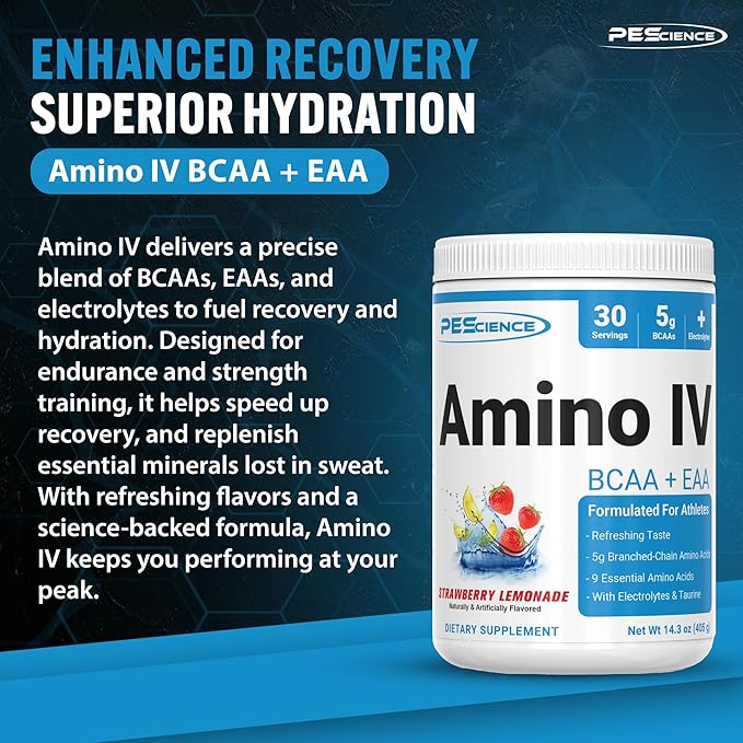 PEScience Amino IV BCAA &amp EAA Powder Essential Amino Acids Taurine Electrolytes for Hydration and Muscle Recovery Sugar Free for Men &amp Women Post Workout - Strawberry Lemonade 30 Serving