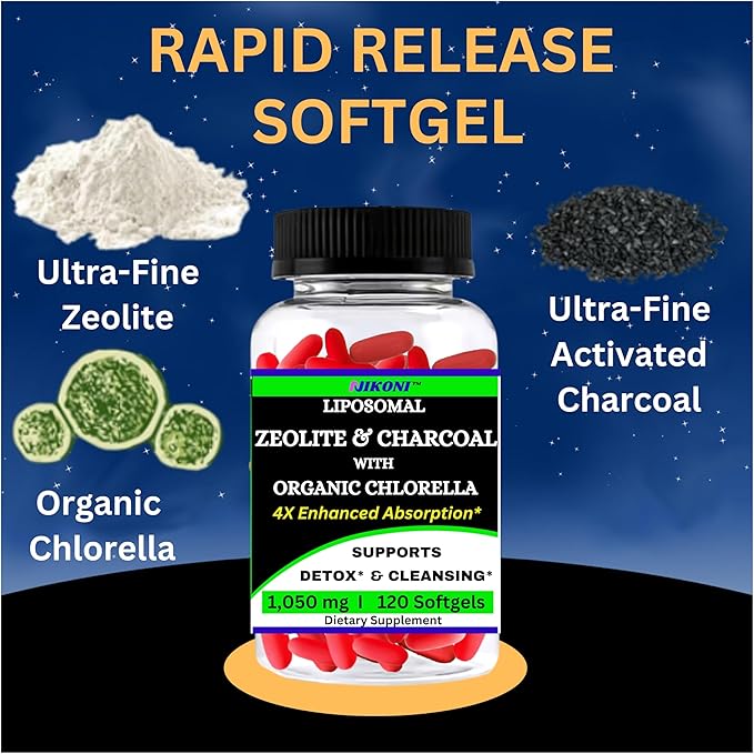 Nikoni Liposomal Zeolite Activated Charcoal &amp Organic Chlorella Supports Full Body Detox - 120 Vegan Softgels