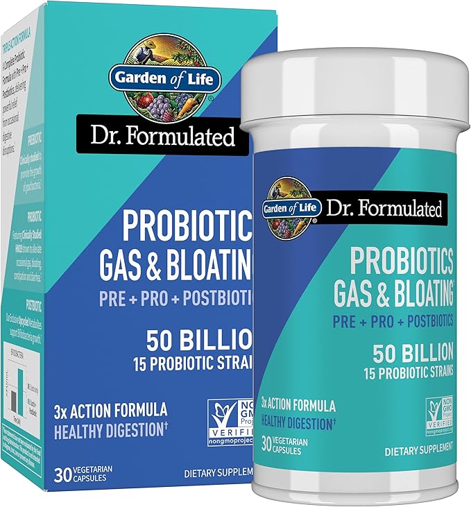 Garden of Life Dr. Formulated Pre Post &amp Probiotics Gas &amp Bloating Once Daily 3-in-1 Complete Prebiotics Postbiotics &amp Probiotics – 50 Billion CFU Non-GMO Gluten-Free 30 Day Supply