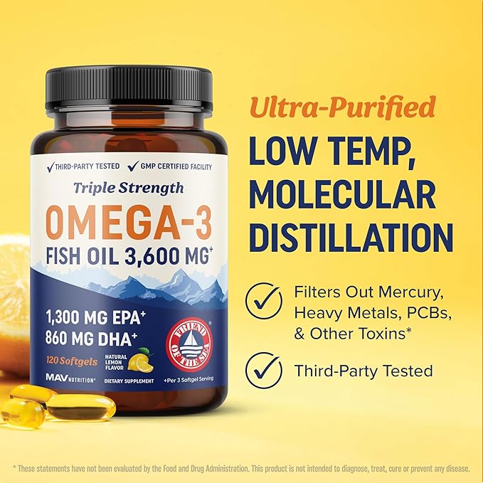 Triple Strength DHA Omega 3 Fish Oil 3600 mg | Over 2100mg Omega-3 Fatty Acids with 860mg of DHA | 1300mg EPA | Best Essential Fatty Acids | Premium Wild Caught &amp Burpless Fish Oil | 120 ct.