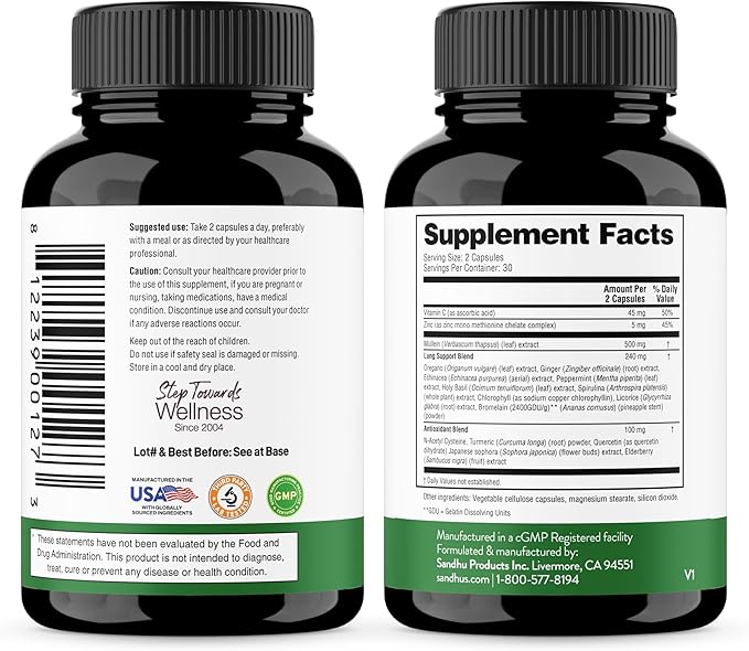 Sandhu's Mullein Capsules for Lungs with Quercetin | Mullein Leaf Extract Supplement for Immune Lung &amp Respiratory Health Support | for Men &amp Women | 60 Count (Pack of 1)