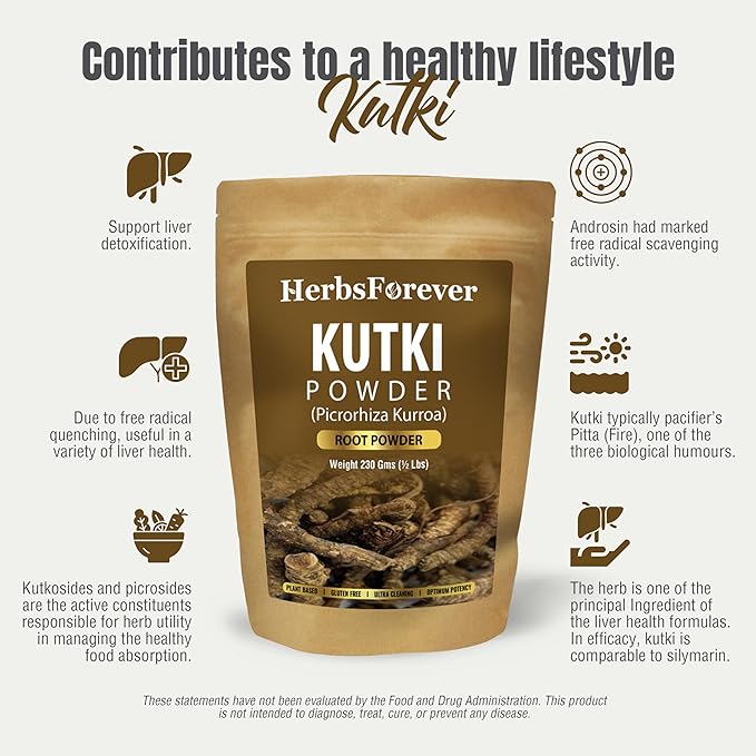 Herbsforever Kutki Root Powder(PicrorhizaKurroa)-Supports Liver Skin Health &amp Blood PurifierCooling Herb| Wild Harvested- 2X Potency | Ultra Clean | Authentic | High-Altitude Sourced | 230Gms-1/2