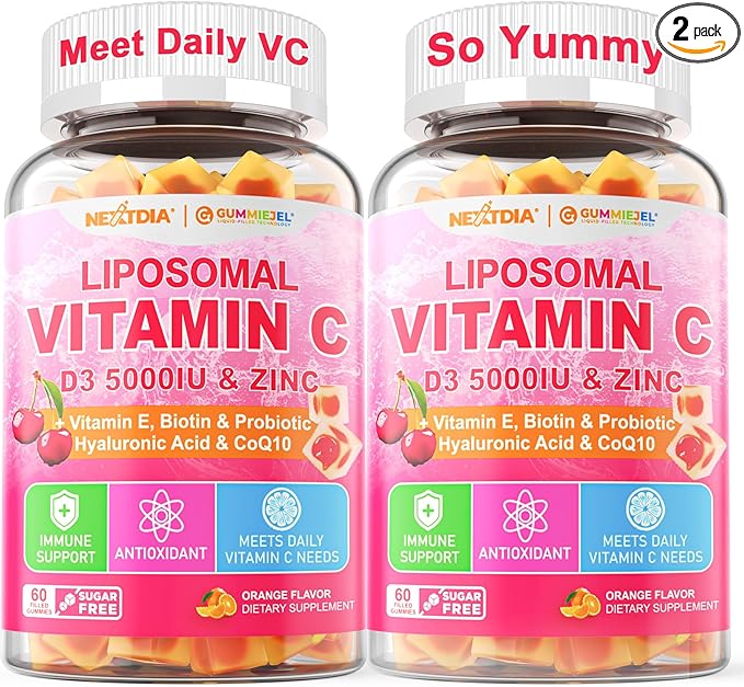 Liposomal Vitamin C 1000mg + D3 5000IU + Zinc Filled Gummies Folate 800mcg Chewable Supplement Elderberry for Immune Hyaluronic Acid VE for Beauty Energy &amp Overall Health Sugar Free ﻿2 Pac