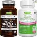 Vegan Omega-3 + Super B12-Complex 1000mcg Vegan Bundle Sustainable EPA &amp DHA Algae Oil 1340mg + High Absorption Sublingual Vitamin B12 With Methylcobalamin Adenosylcobalamin &amp Hydroxocobalam