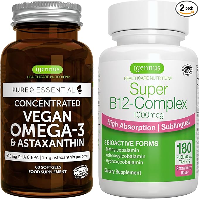 Vegan Omega-3 + Super B12-Complex 1000mcg Vegan Bundle Sustainable EPA &amp DHA Algae Oil 1340mg + High Absorption Sublingual Vitamin B12 With Methylcobalamin Adenosylcobalamin &amp Hydroxocobalam