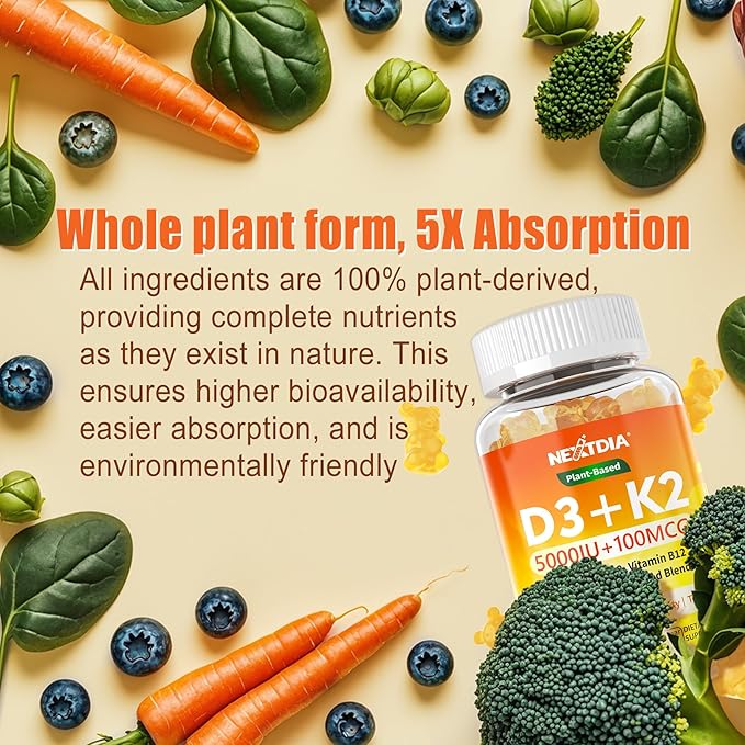 Vitamin D3 K2 Gummies 5000IU / 10000 IU with Omega-3 250mg+K2(MK-7) 100mcg -5X Absorption Than Standard D3K2with Vitamin CZincand 5 Organic VegetablesSupports Bone &amp Teeth Strength Immune1