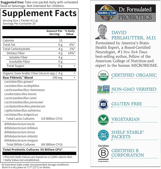 Garden of Life Dr. Formulated Probiotics Fitbiotic Weight Management Powder 50 Billion CFU &amp Prebiotic Fiber Organic &amp Non-GMO Digestive Gut Health Probiotic Supplement 20 Single Serving Pa
