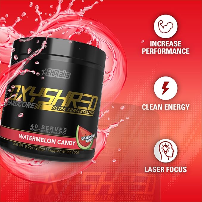 EHP Labs OxyShred Hardcore Super Dosed Pre Workout Powder - Preworkout Powder with L Glutamine &amp Acetyl L Carnitine Energy Boost Drink - 275mg of Caffeine - Watermelon Candy 40 Servings