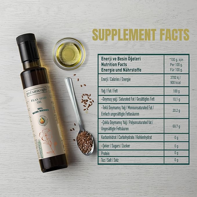 Prof Saracoglu Flaxseed Oil – Cold Pressed Solvent-Free Flax Seed Oil in Glass Bottle | Plant-Based Omega 3 with Lignans | Vegan Non-GMO | Hair Skin &amp Wellness | 8.45 fl oz
