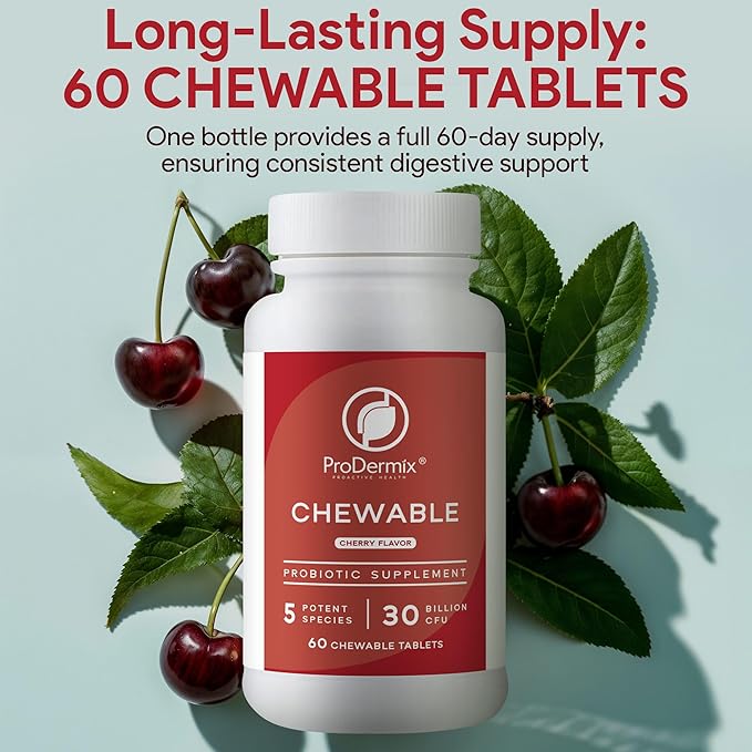 Chewable Probiotic 30 Billion CFU Pleasant Cherry Flavor Probiotics for Digestive Health Propietary Blend of Probiotics Including Acidophilus Kosher (60 Tablets)