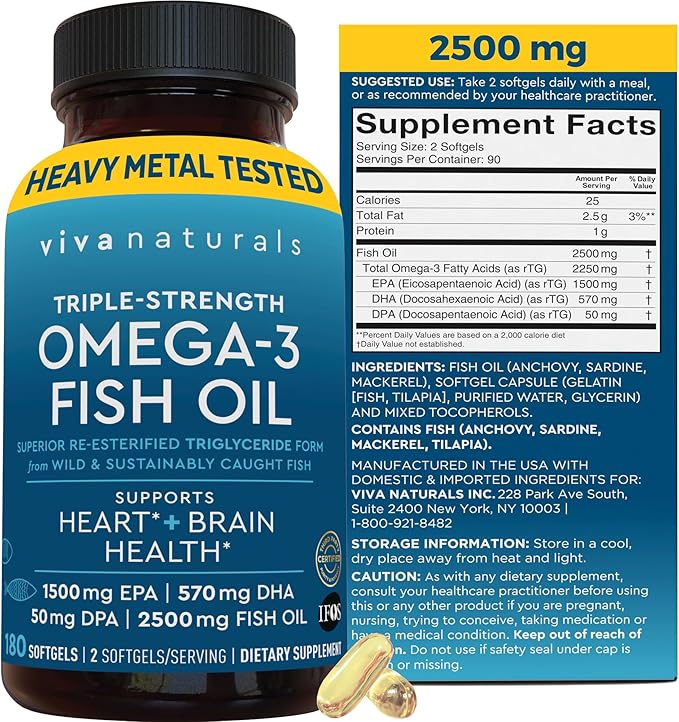 Triple Strength Omega 3 Fish Oil Supplement for Men and Women – 2500 mg High-Potency Easy-to-Absorb Re-esterified Triglyceride Form Pescatarian-Friendly DPA EPA DHA Omega 3 Supplement 180 Softgels