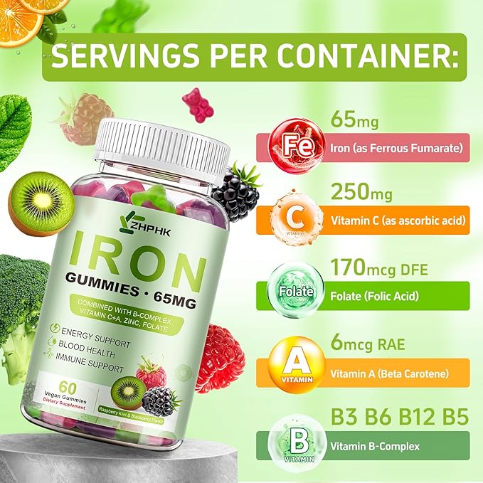 Iron Supplement for Women Men &amp Kids 65mg &amp Vitamin C 250mg per Serving with B6 B12 Folate- Energy Support for Iron Deficiency Anemia Vegan GummyRaspberry Kiwi &amp BlackBerry Flavor 60