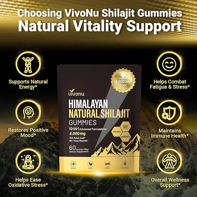 VivoNu Himalayan* Shilajit* Gummies with Ashwagandha* &amp Gokshura | 85+ Trace Minerals &amp Fulvic Acid | Organic Micronutrient Supplement for Men &amp Women (Men 4000mg / 1 Bag)