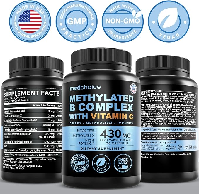 9-in-1 Methylated B Complex with Vitamin C B Complex B12 &amp L-5-MTHF - Vegan Non-GMO Gluten-Free &amp GMP-Certified Energy Brain &amp Wellness Daily Methylcobalamin Multivitamin (90 Servings