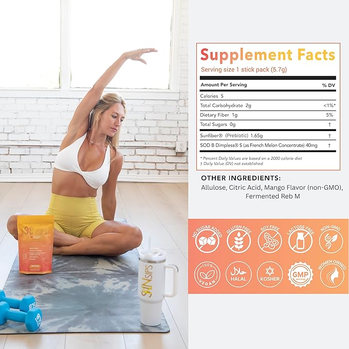 Skin Health &amp Energy Boost Drink Mix- Sugar Free SOD B (TM) Antioxidants from French Melon Concentrate On the Go Stick Packs Mango 30 Pack